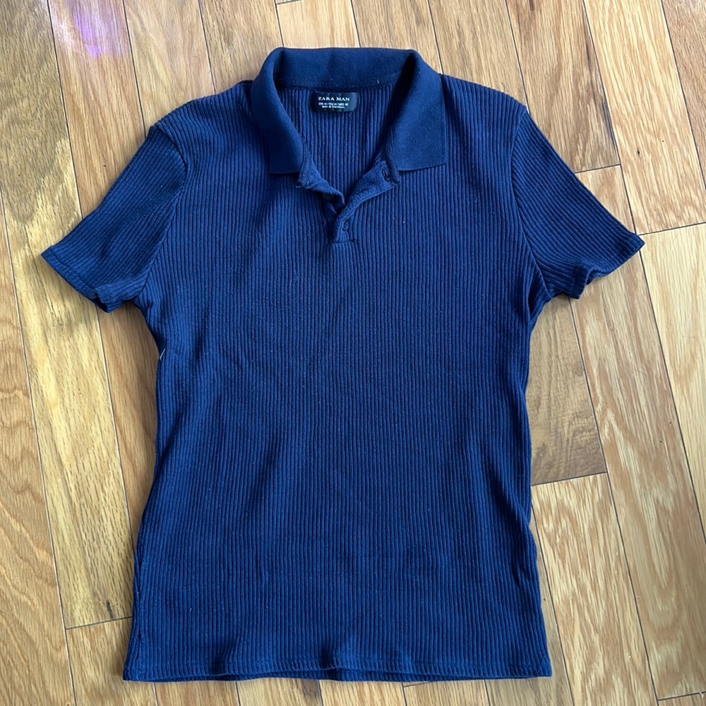 Navy Ribbed Stretch Polo Short Sleeve